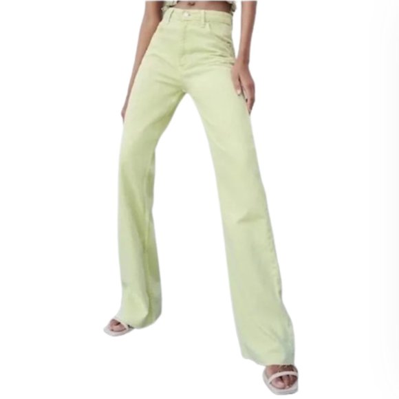 Zara High Rise Wide Leg Jeans Womens 2 Lime Green Raw Hem Denim Pants Boho - Picture 2 of 11